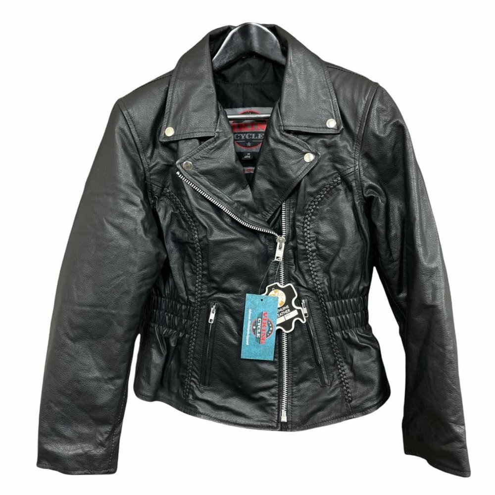Viking Cycle Cruise Black Leather Motorcycle Biker Jacket Womens M VC8000-M - Picture 1 of 7